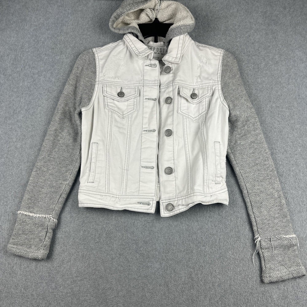 Aeropostale Jacket Womens XS White Gray Denim Button Up Hooded Biker Grunge Moto